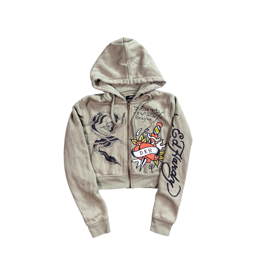 Y2K Ed Hardy Traditional Heart Tattoo Cropped Hoodie Size M